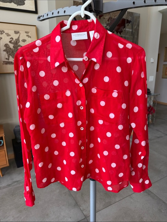 Liz Claiborne Tops - Liz Claiborne Red and White Polka Dot Button-Down Cotton Blouse sz S petite